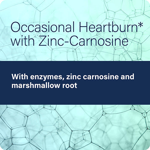 Text about occasional heartburn relief with zinc-carnosine and marshmallow root on a blue background with molecular structure design.