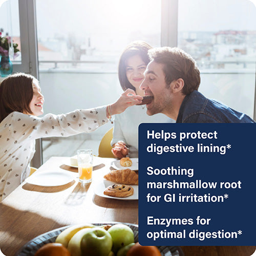 Family at a dining table with a product feature overlay