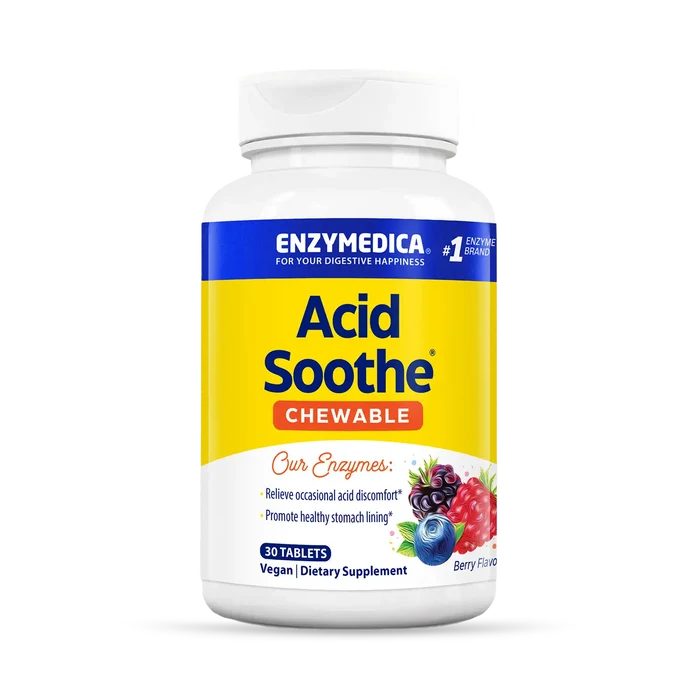 A bottle of Enzymedica Acid Soothe Chewable tablets, berry flavored dietary supplement.