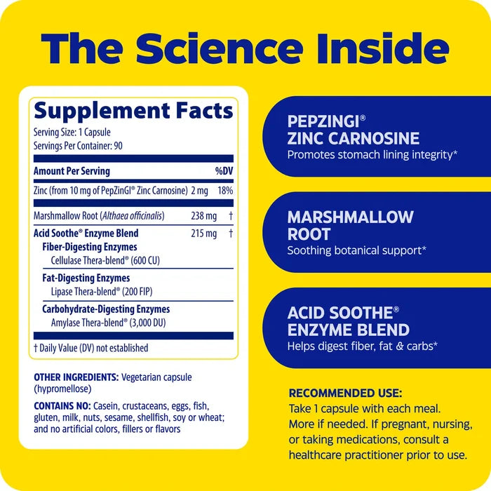 Supplement facts label with ingredients and benefits on a yellow background