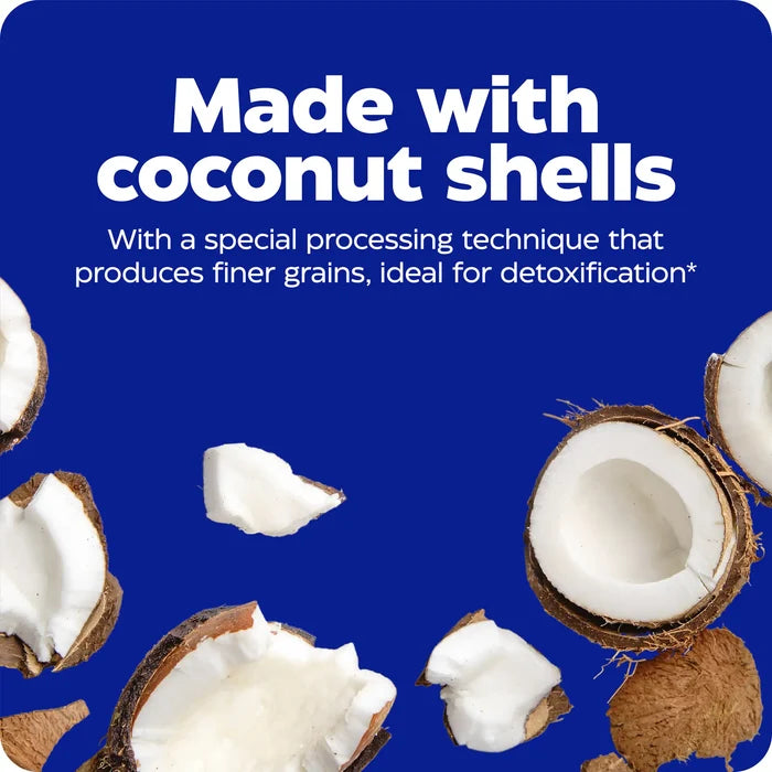 advertisement for activated charcoal, made with coconut shells