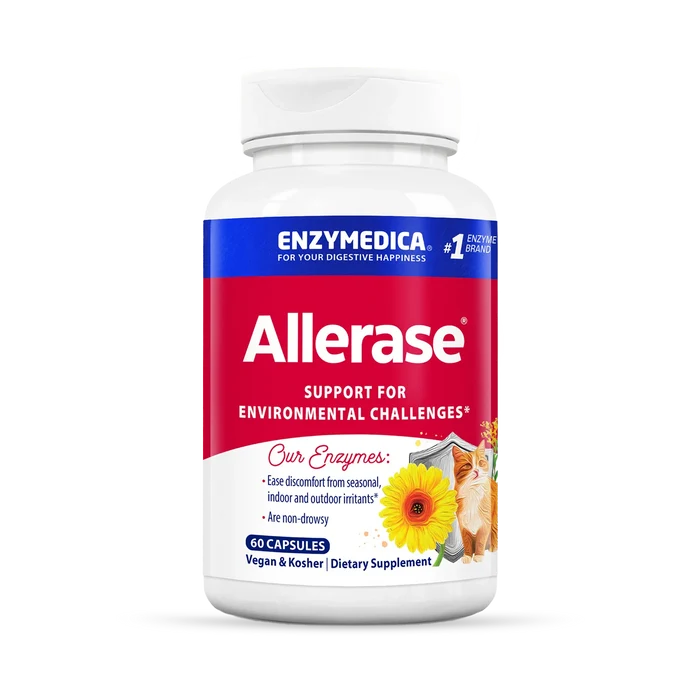 A bottle of Enzymedica Allerase dietary supplement with a label featuring a sun and floral design.