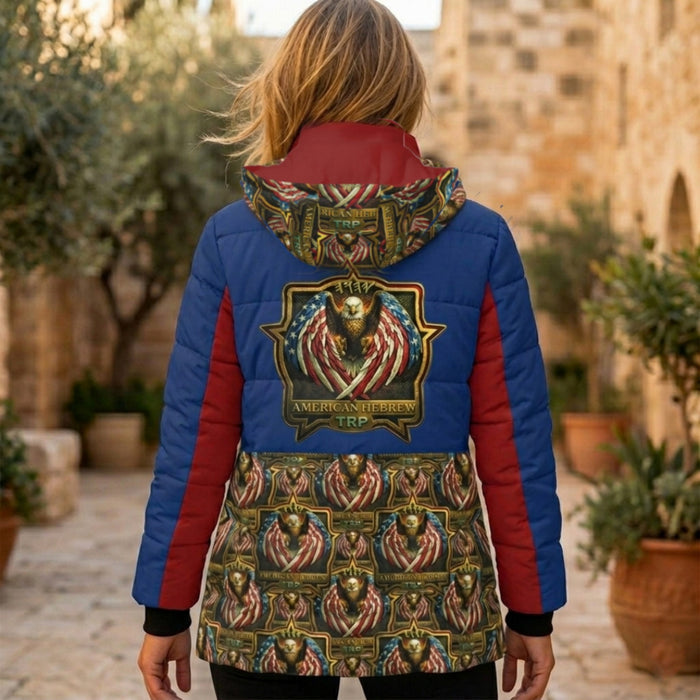 Back of a blue and red puffer jacket featuring a large "American Hebrew TRP" eagle crest and a matching patterned lower panel and hood.