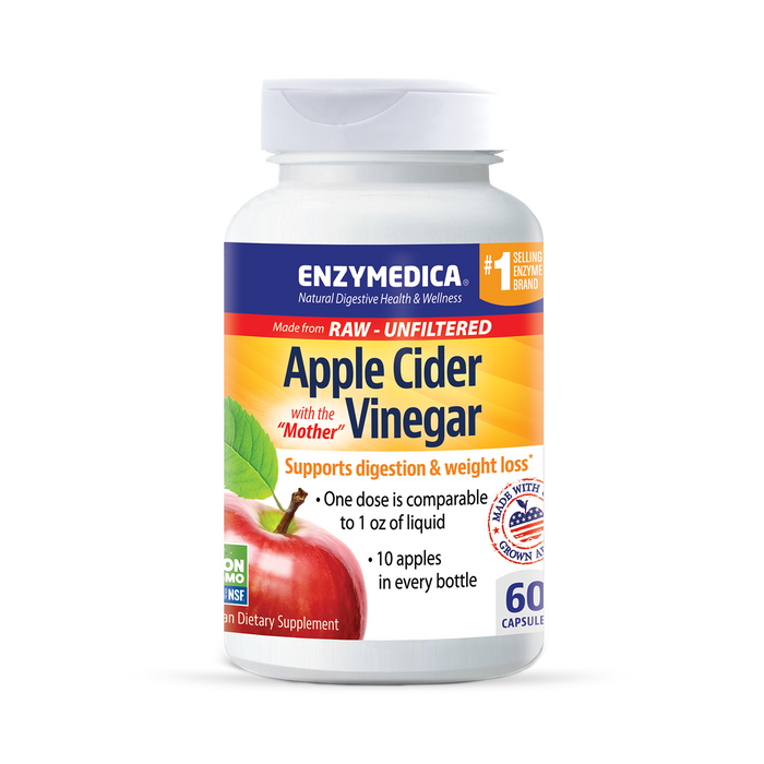 A bottle of Enzymedica Apple Cider Vinegar dietary supplement with red apples depicted on the label.