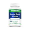 A bottle of Enzyme Science Apple Cider Vinegar dietary supplement with 60 capsules. The label includes the brand name, product name, and benefits such as detoxification and healthy weight management.