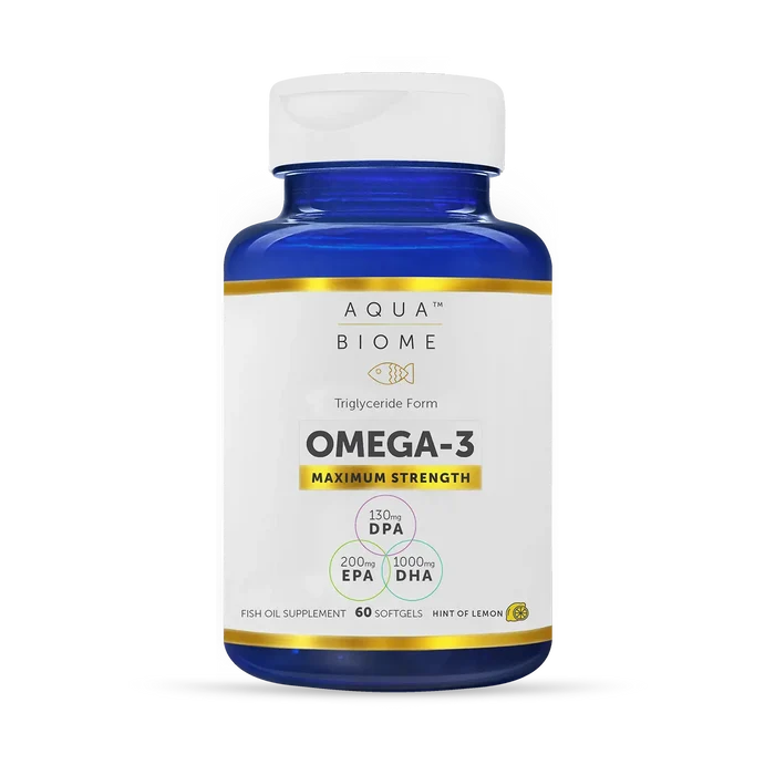A blue bottle of Aqua Biome Omega-3 maximum strength fish oil supplements with a white label.