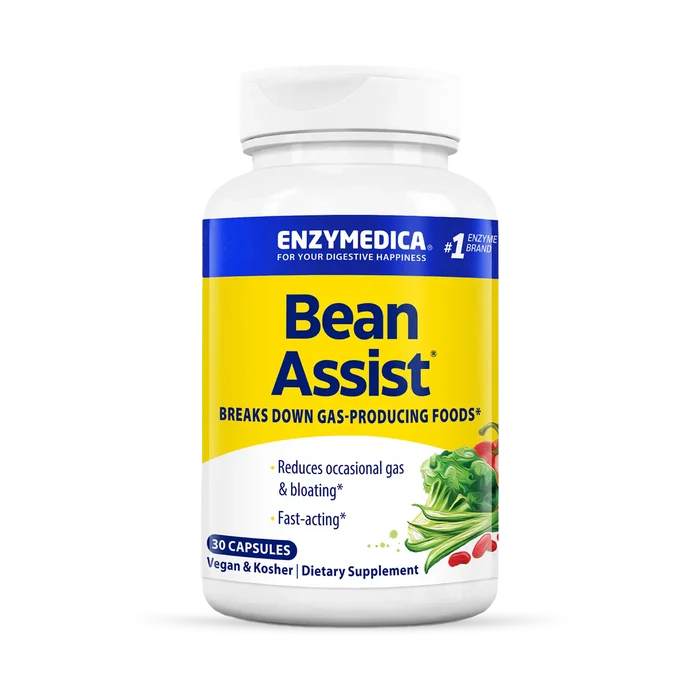 A bottle of Enzymedica Bean Assist dietary supplement with capsules inside, designed to break down gas-producing foods.