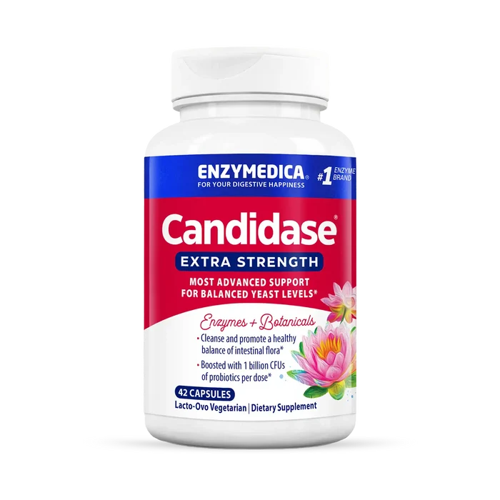 A bottle of Candididase Extra Strength dietary supplement by Enzymedica.