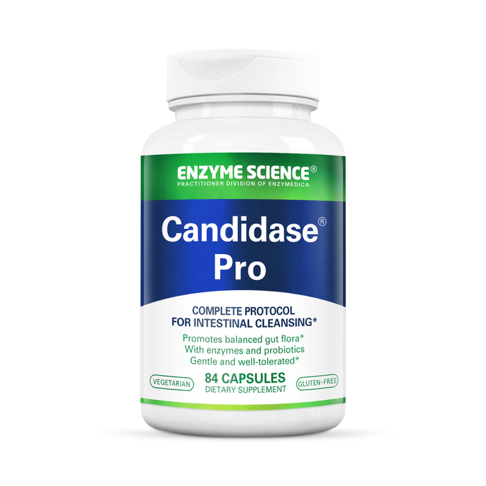 A bottle of Candidase Pro dietary supplement with 84 capsules, marketed for intestinal cleansing and promoting balanced gut flora.