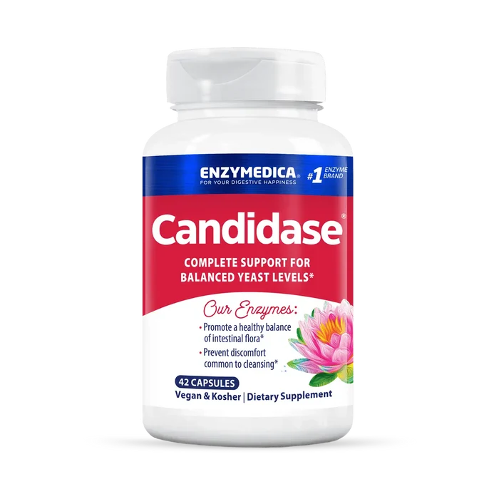 A bottle of Enzymedica Candidase dietary supplement with 60 capsules, labeled for balanced yeast levels.