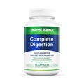 A bottle of Complete Digestion dietary supplement by Enzyme Science, containing 90 capsules with a label displaying key information such as being vegan friendly.