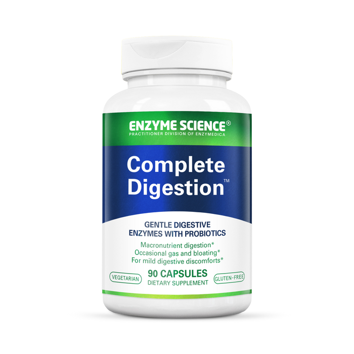 A bottle of Complete Digestion dietary supplement by Enzyme Science, containing 90 capsules with a label displaying key information such as being vegan friendly.