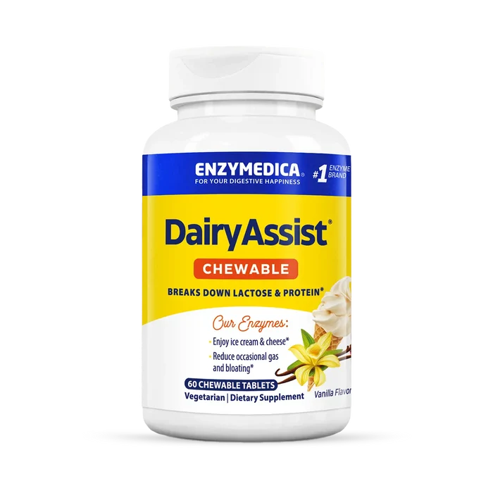 A bottle of Enzymedica DairyAssist Chewable tablets for digestion support.