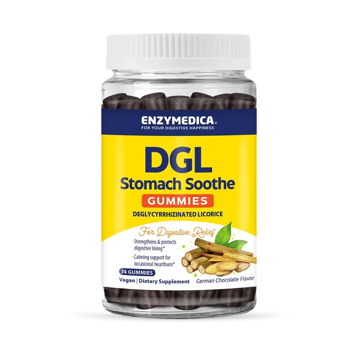A bottle of Enzymedica DGL Stomach Soothe Gummies in German Chocolate flavor, with 60 chewable tablets.