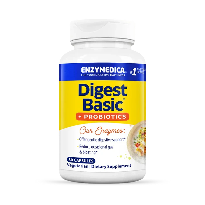 A bottle of Enzymedica Digest Basic + Probiotics dietary supplement with 90 capsules. The label is predominantly white and blue with additional text and imagery indicating the product is for digestive support.
