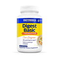 A bottle of Enzymedica Digest Basic + Probiotics dietary supplement with 90 capsules. The label is predominantly white and blue with additional text and imagery indicating the product is for digestive support.