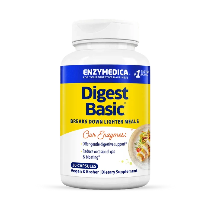A bottle of Enzymedica Digest Basic dietary supplement capsules. The label is predominantly white and blue with additional text and imagery indicating the product is for digestive support.