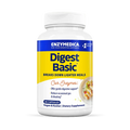 A bottle of Enzymedica Digest Basic dietary supplement capsules. The label is predominantly white and blue with additional text and imagery indicating the product is for digestive support.