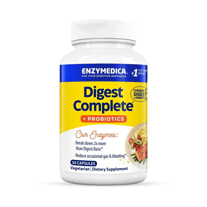 A bottle of Enzymedica Digest Complete with Probiotics dietary supplement.