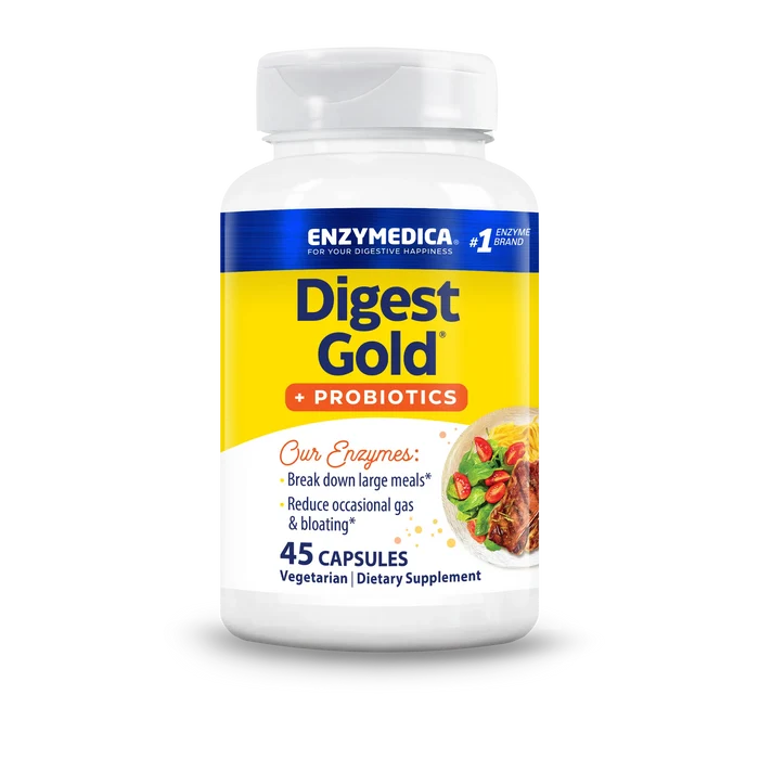 Front bottle shot of Enzymedica Digest Gold + Probiotics, 45 capsules, vegetarian dietary supplement.