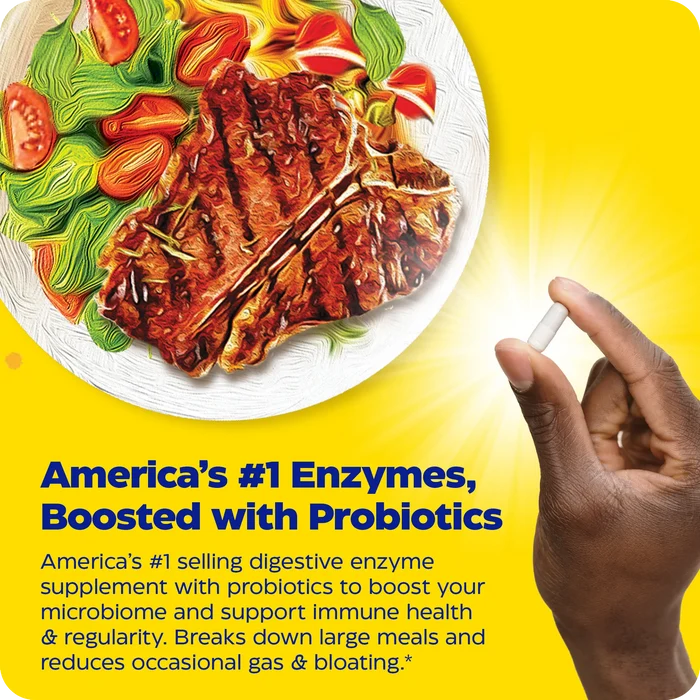 Hand holding a capsule beside plated meal with text promoting America’s #1 enzyme supplement, boosted with probiotics for microbiome, immune health, regularity, and occasional gas and bloating support.