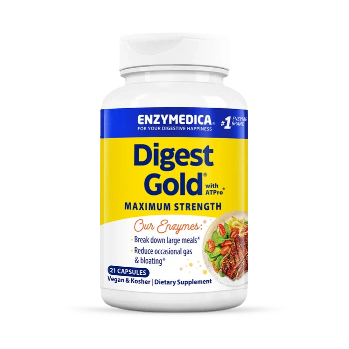 A bottle of Enzymedica Digest Gold maximum strength digestive enzyme formula, with a label showing the brand name, product name, and additional information.