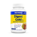 A bottle of Enzymedica Digest Gold maximum strength digestive enzyme formula, with a label showing the brand name, product name, and additional information.