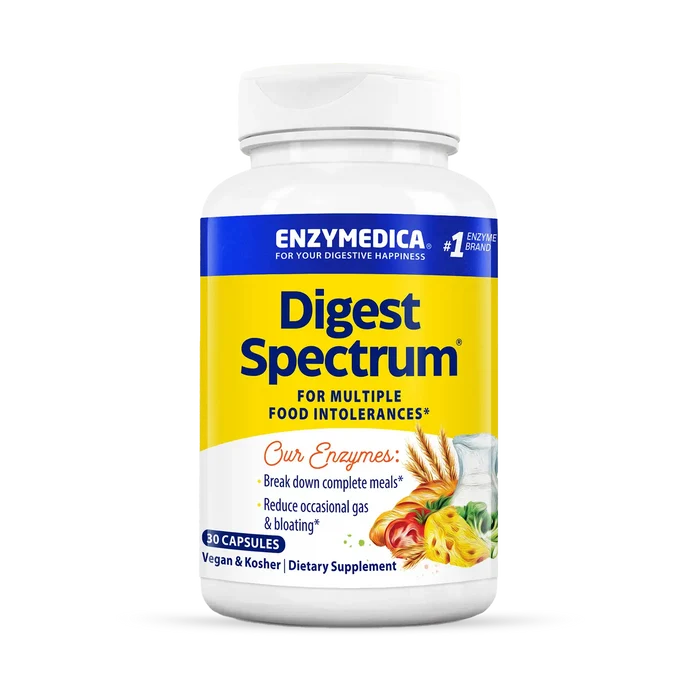A bottle of Enzymedica Digest Spectrum dietary supplement, which is designed for multiple food intolerances.