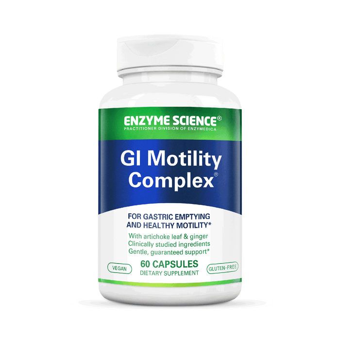 A bottle of Enzyme Science GI Motility Complex dietary supplement with 60 capsules, for gastric emptying and healthy motility, with artichoke leaf and ginger as ingredients.