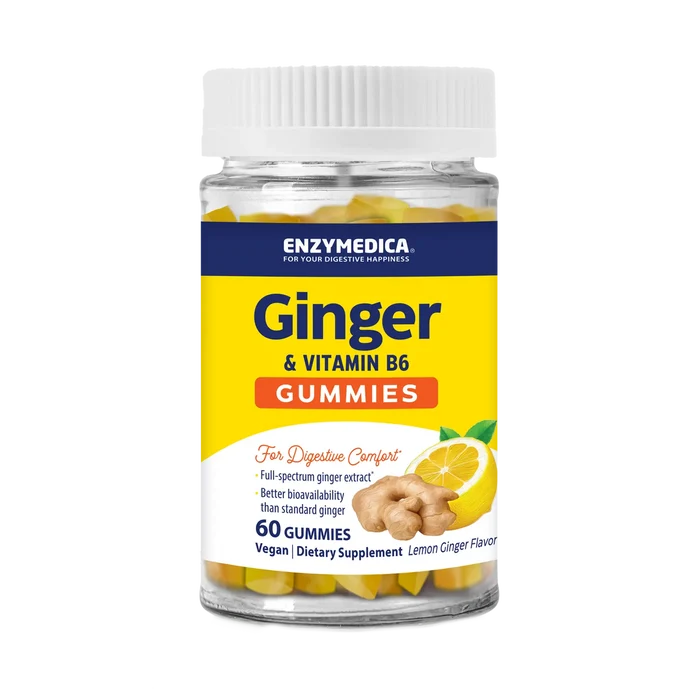Enzymedica Ginger & Vitamin B6 Gummies bottle on white background, 60 gummies, lemon ginger flavor