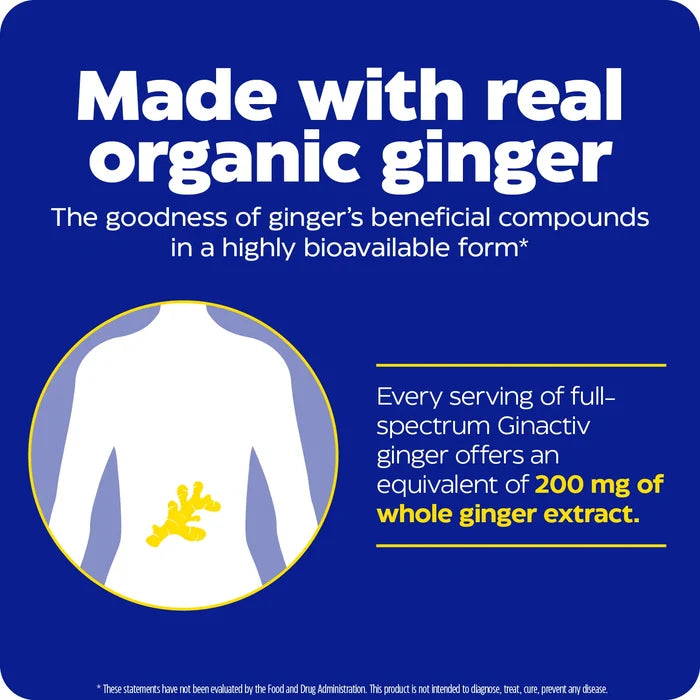 Made with real organic ginger infographic with body illustration and 200 mg whole ginger extract equivalent statement