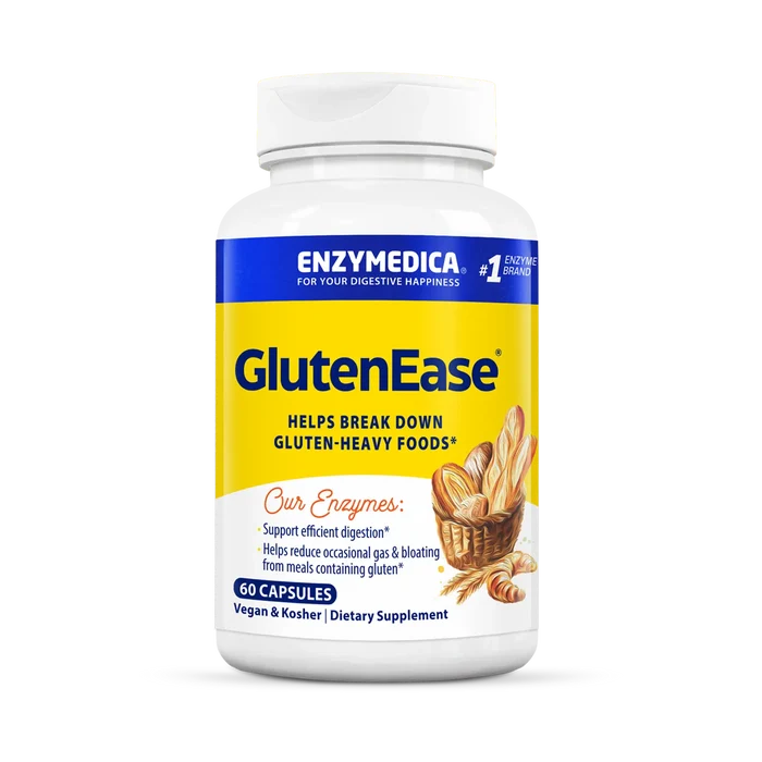 Enzymedica GlutenEase supplement bottle on a white background that holds 60 capsules