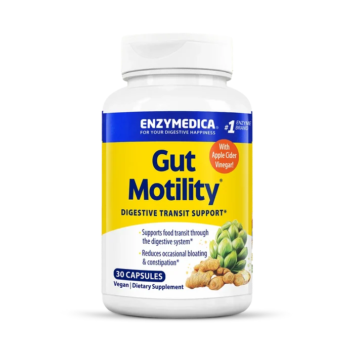 A bottle of Enzymedica Gut Motility dietary supplement with 30 capsules. The label shows the product name, a graphic of an artichoke and a piece of ginger, and the claim that it supports digestive transit.