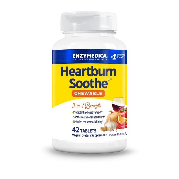 Front-facing bottle shot of Enzymedica Heartburn Soothe Chewable, 42 tablets, orange vanilla flavor, on a transparent background.