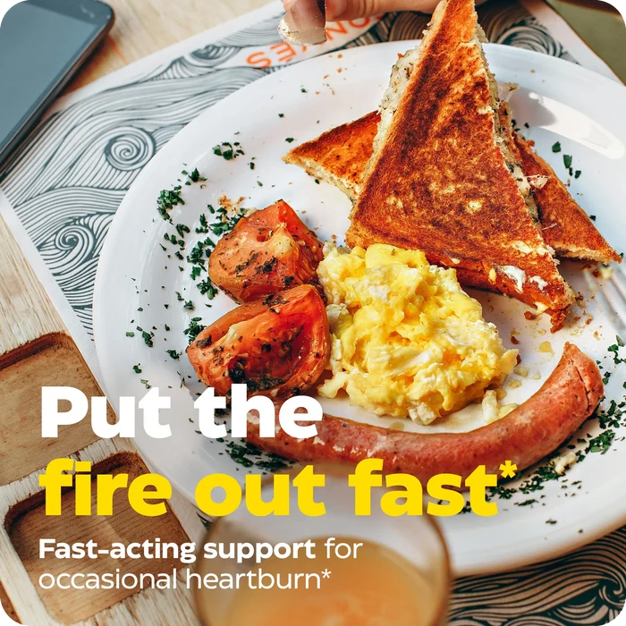 Breakfast plate with toast, eggs, sausage, and tomatoes overlaid with text: Put the fire out fast, fast-acting support for occasional heartburn.