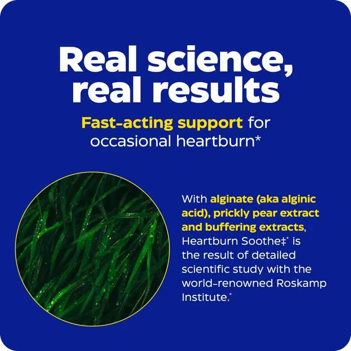 Heartburn Soothe science graphic describing fast-acting support for occasional heartburn with alginate, prickly pear extract, and buffering extracts, next to a close-up seaweed image.