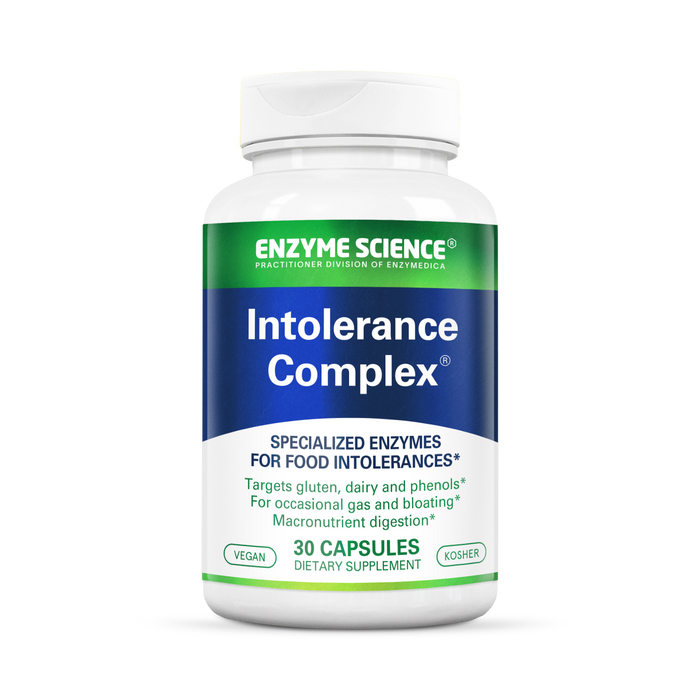 A bottle of Enzyme Science Intolerance Complex dietary supplement with 30 capsules, labeled for food sensitivities.