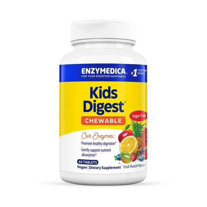 A bottle of Enzymedica Kids Digest chewable tablets in fruit punch flavor, sugar-free, sweetened with natural xylitol.