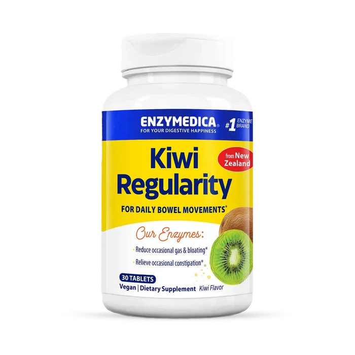 A bottle of Enzymedica Kiwi Regularity chews with a label showing a kiwifruit and text indicating the product is for daily bowel movements, with 90 tablets inside.