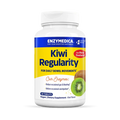 A bottle of Enzymedica Kiwi Regularity chews with a label showing a kiwifruit and text indicating the product is for daily bowel movements, with 90 tablets inside.