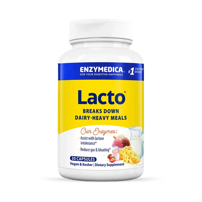 A bottle of Enzymedica Lacto dietary supplement, which is designed to aid in the digestion of dairy products.