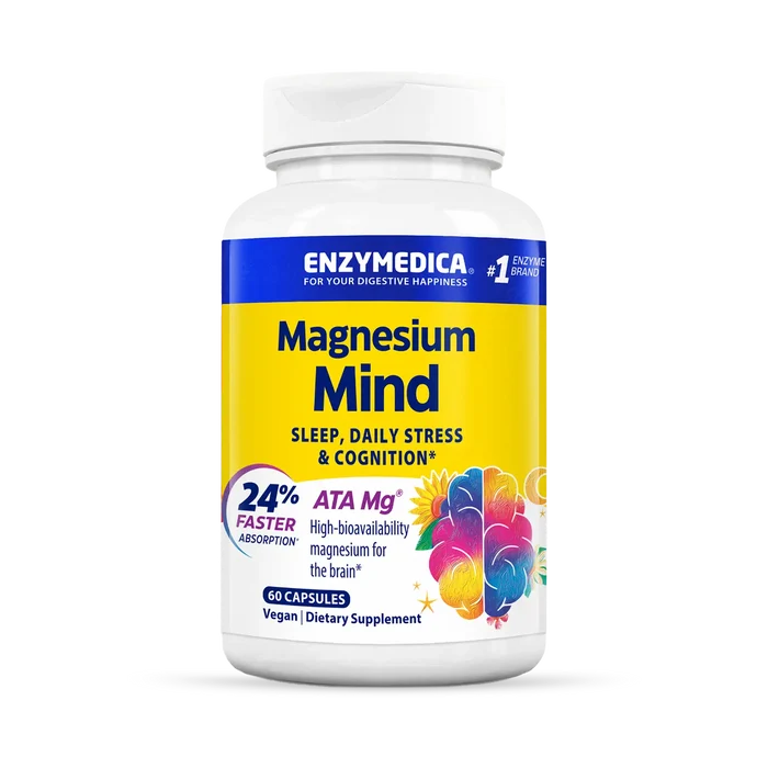 A bottle of Enzymedica Magnesium Mind dietary supplement, which is designed to support sleep, daily stress, and cognition.