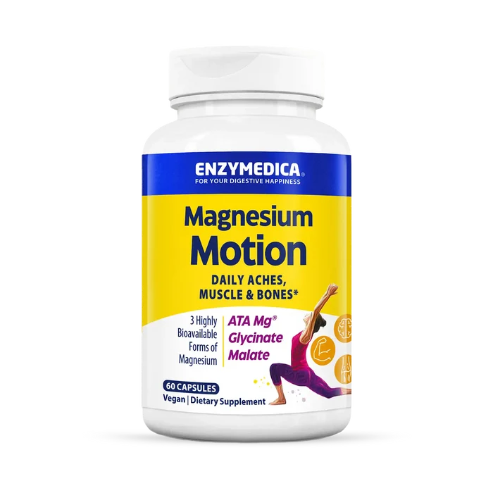 A bottle of Enzymedica Magnesium Motion dietary supplement, which contains highly bioavailable forms of magnesium for daily aches and support of muscle and bones.