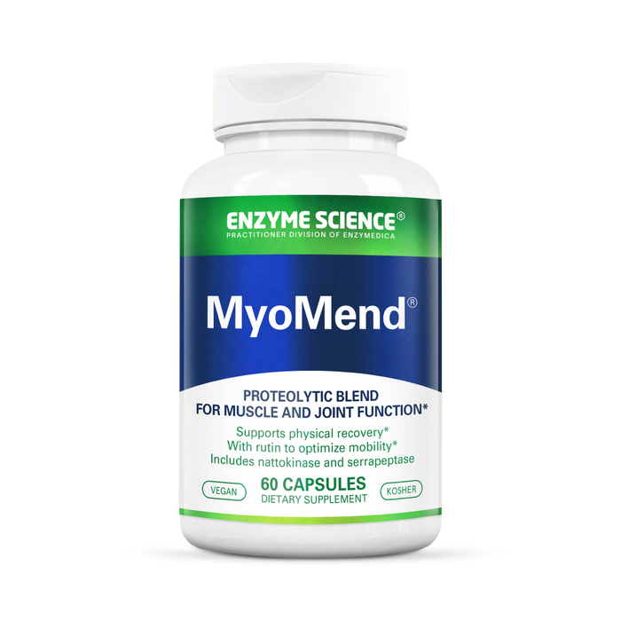 A bottle of MyoMend dietary supplement by Enzyme Science, with 60 capsules for muscle and joint function support.