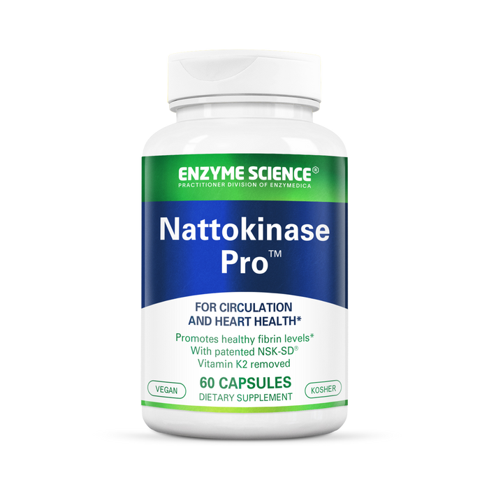 A bottle of Nattokinase Pro dietary supplement by Enzyme Science, containing 60 capsules for circulation and heart health.