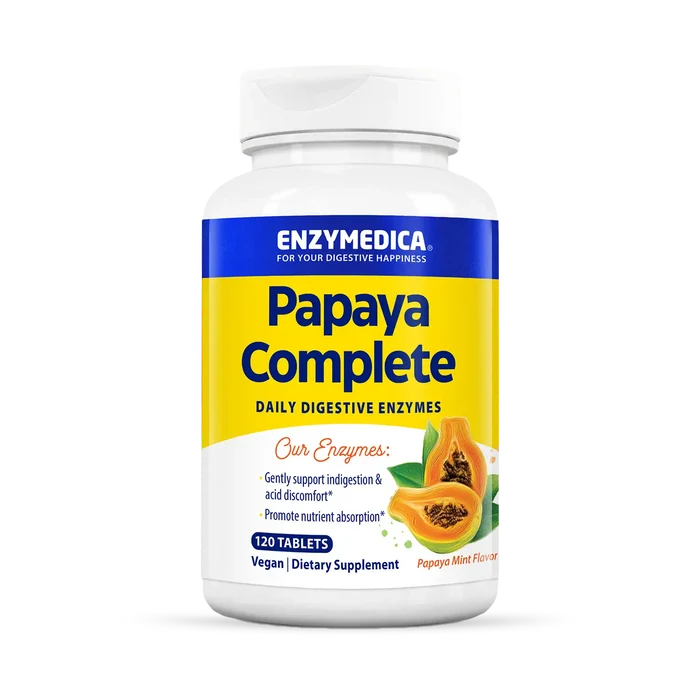 A bottle of Enzymedica Papaya Complete daily digestive enzymes dietary supplement with a yellow and blue label, featuring an image of papaya slices.