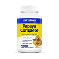A bottle of Enzymedica Papaya Complete daily digestive enzymes dietary supplement with a yellow and blue label, featuring an image of papaya slices.