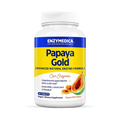 A bottle of Enzymedica Papaya Gold Advanced Natural Enzyme Formula dietary supplement, with a predominantly yellow label and a picture of a papaya on the front.