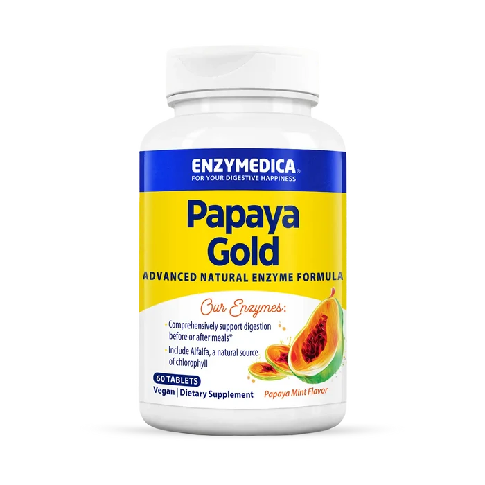 A bottle of Enzymedica Papaya Gold Advanced Natural Enzyme Formula dietary supplement, with a predominantly yellow label and a picture of a papaya on the front.