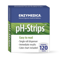 Box of Enzymedica pH-Strips with details about the product being easy to read, having a single roll dispenser, providing immediate results, and including a color chart with 120 tests.